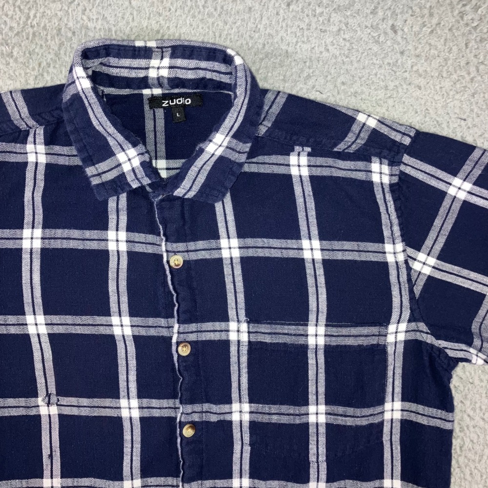 Distressed Plaid Button Up Shirt Men L‎ Navy Blue S/S Flannel Grunge y2k Skater